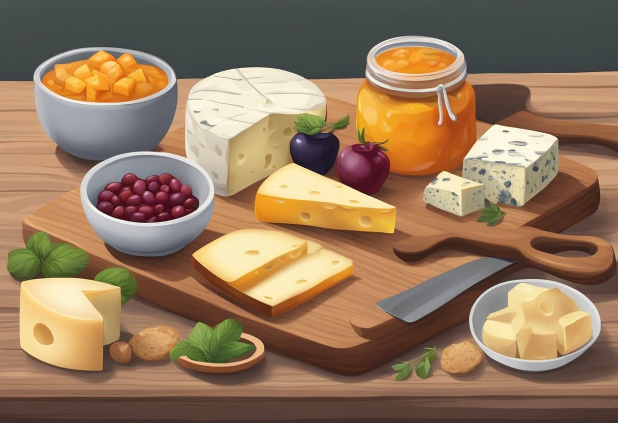 Uma cozinha aconchegante com uma variedade de queijos sem lactose e compotas mistas quentes em uma tábua de madeira