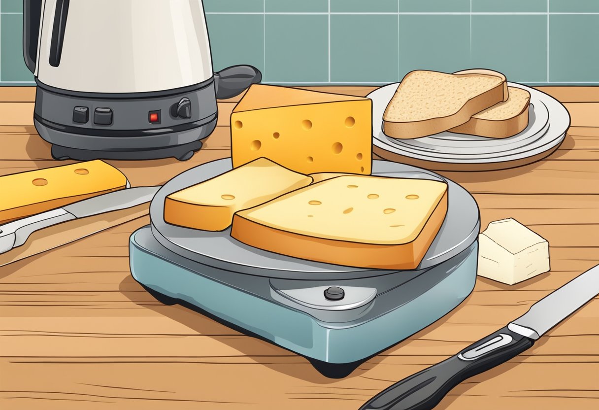 Uma bancada de cozinha com uma torradeira, tábua de corte, faca, queijo vegetal e pão sem lactose para fazer um sanduíche de queijo grelhado sem lactose.