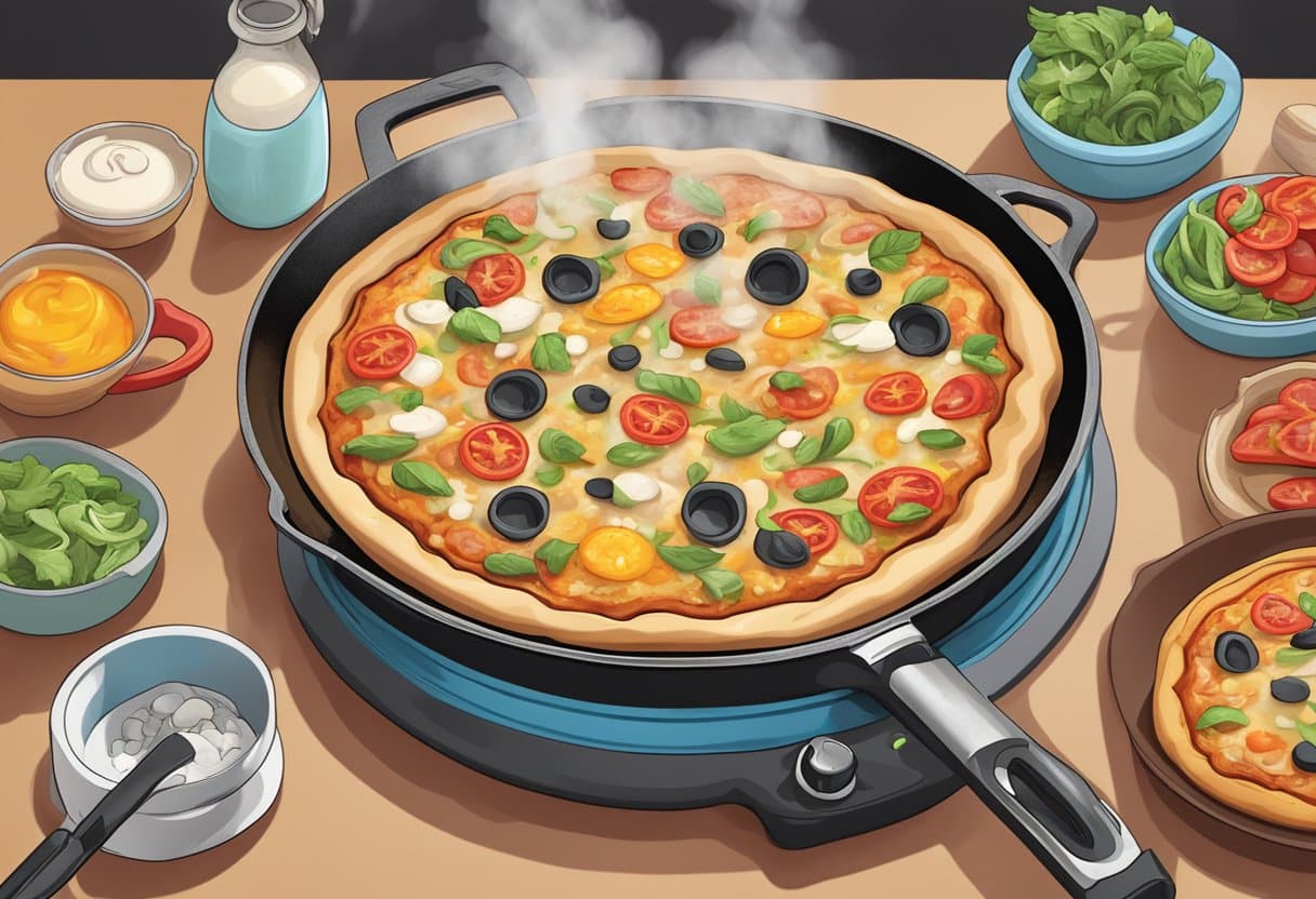 Uma pizza na frigideira sem laticínios sendo cozida no fogão, com coberturas coloridas e vapor subindo