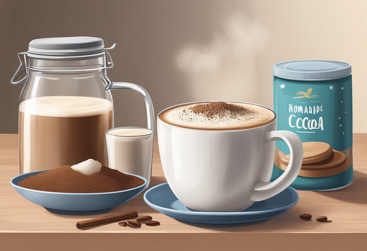 Uma bancada de cozinha aconchegante com uma caneca espumosa de cappuccino caseiro sem lactose ao lado de um pote de leite vegetal e uma pitada de cacau em pó