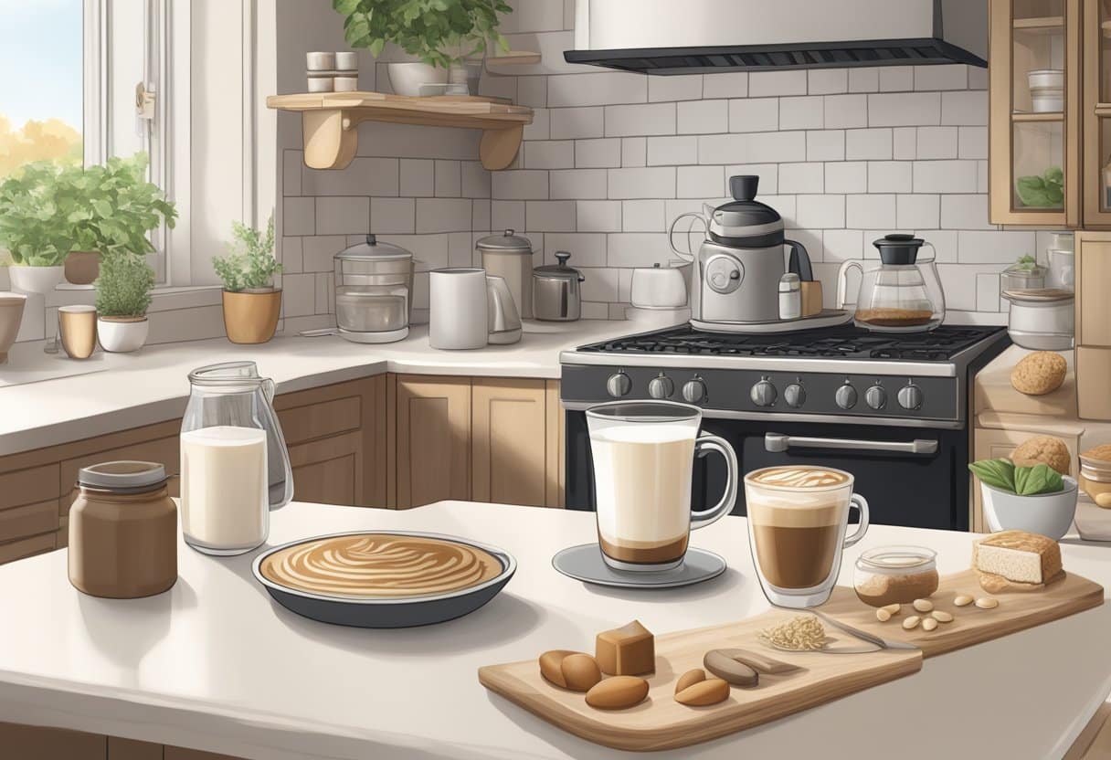 Uma bancada de cozinha aconchegante com uma caneca fumegante de cappuccino sem leite, cercada por opções de leite alternativo como amêndoa, aveia e soja.