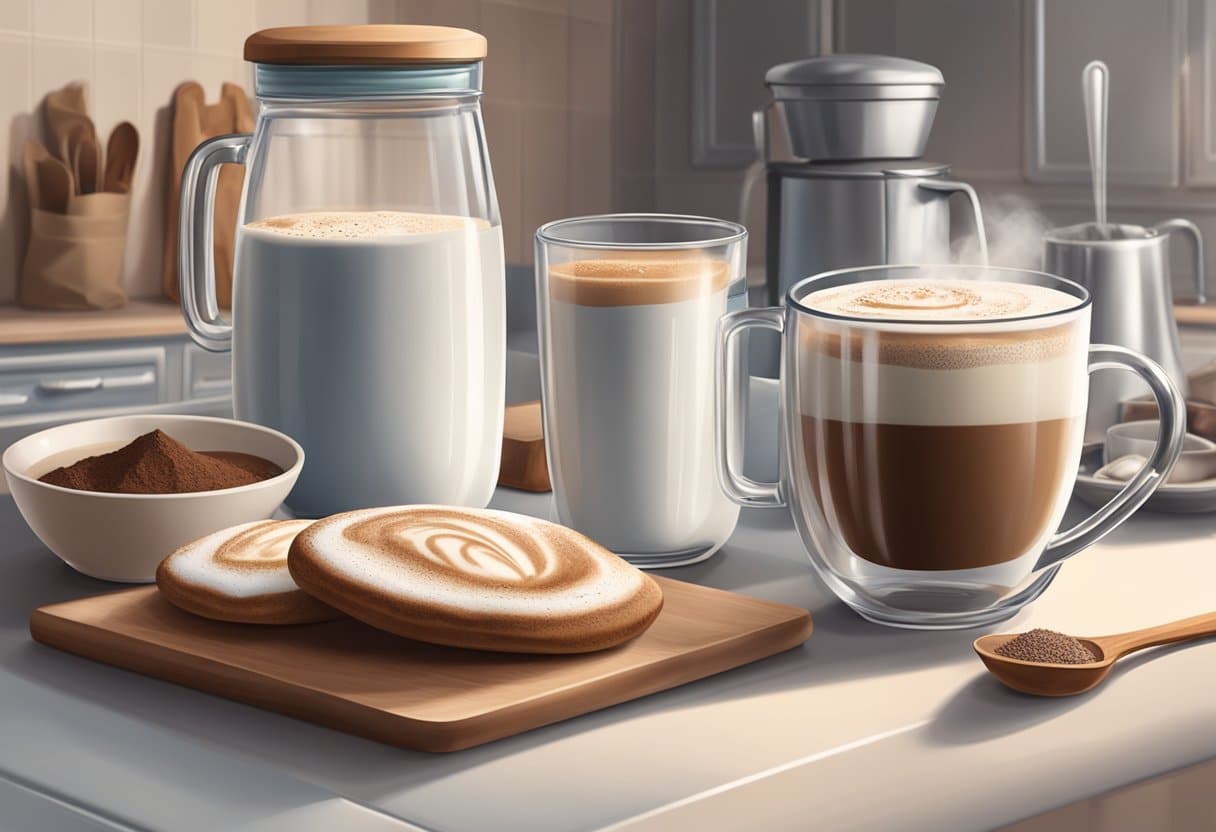 Uma cozinha aconchegante com uma caneca fumegante de cappuccino sem leite, cercada por um espumador, um pacote de leite vegetal e um pote de cacau em pó