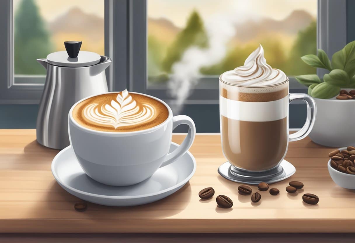 Uma bancada de cozinha aconchegante com uma caneca fumegante de cappuccino caseiro sem lactose, cercada por um espumador, grãos de café e um pequeno jarro de leite não lácteo.