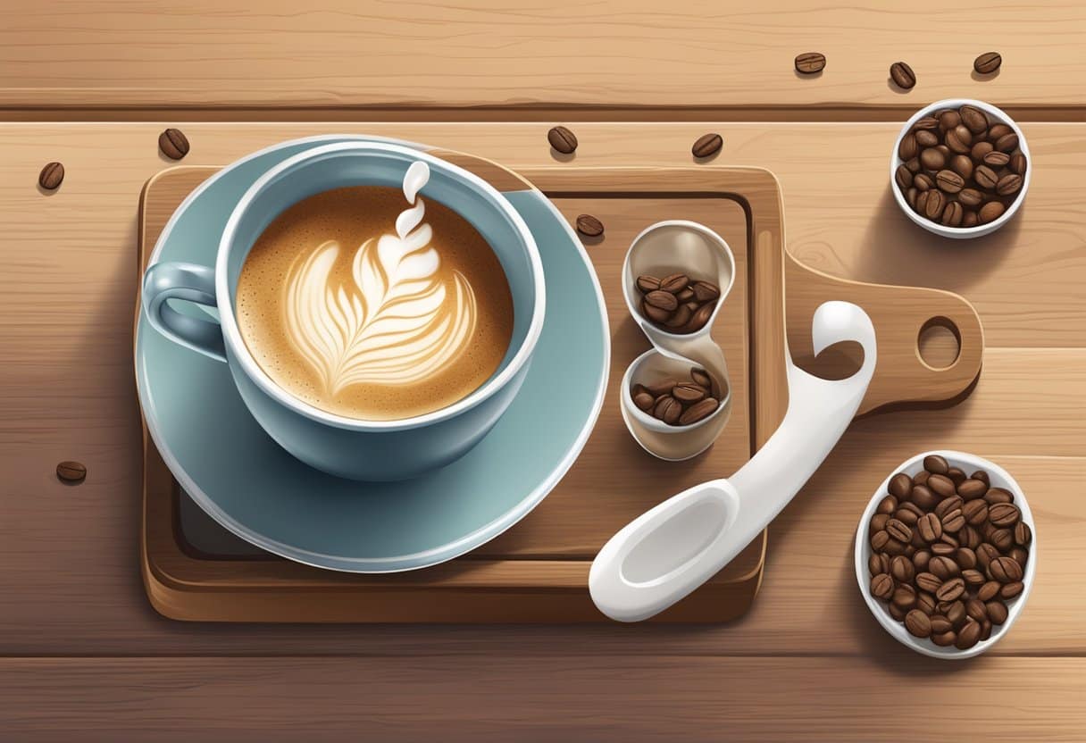 Uma mesa de madeira com um espumador, alternativas de leite, grãos de café e uma caneca