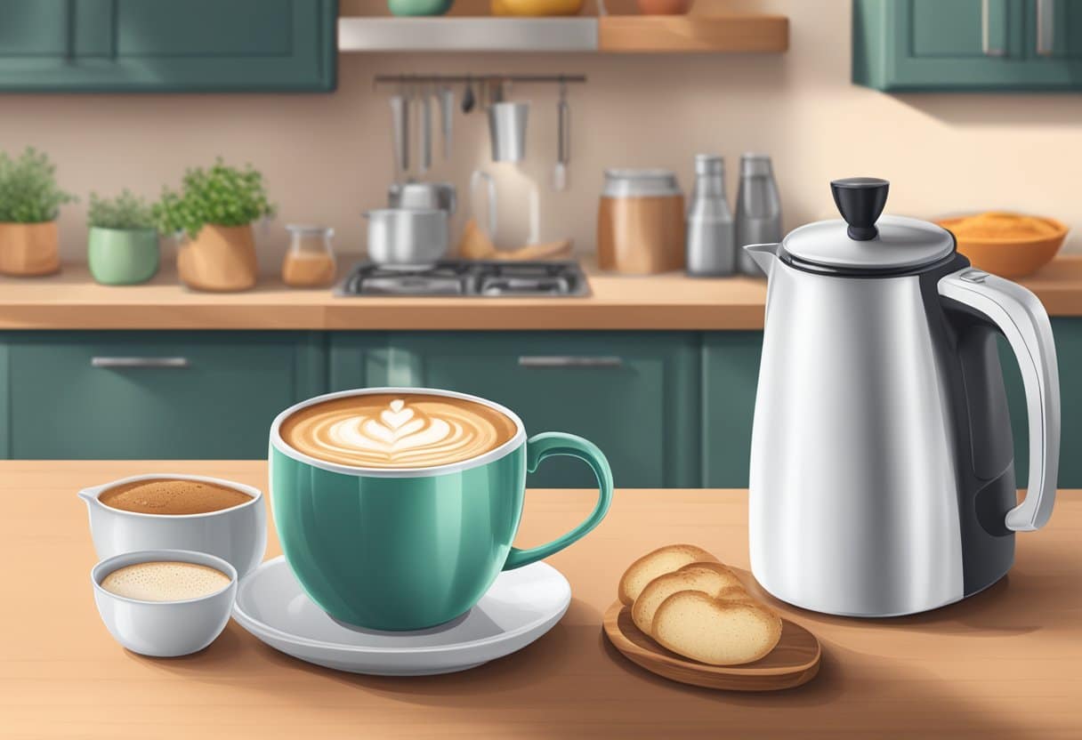Uma bancada de cozinha aconchegante com uma caneca fumegante de cappuccino, um jarro de espuma e um saco de ingredientes sem laticínios