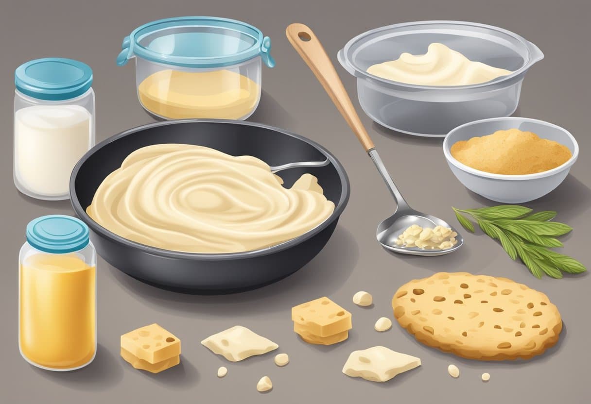 Uma bancada de cozinha com ingredientes e utensílios para fazer massa de biscoito tradicional sem lactose
