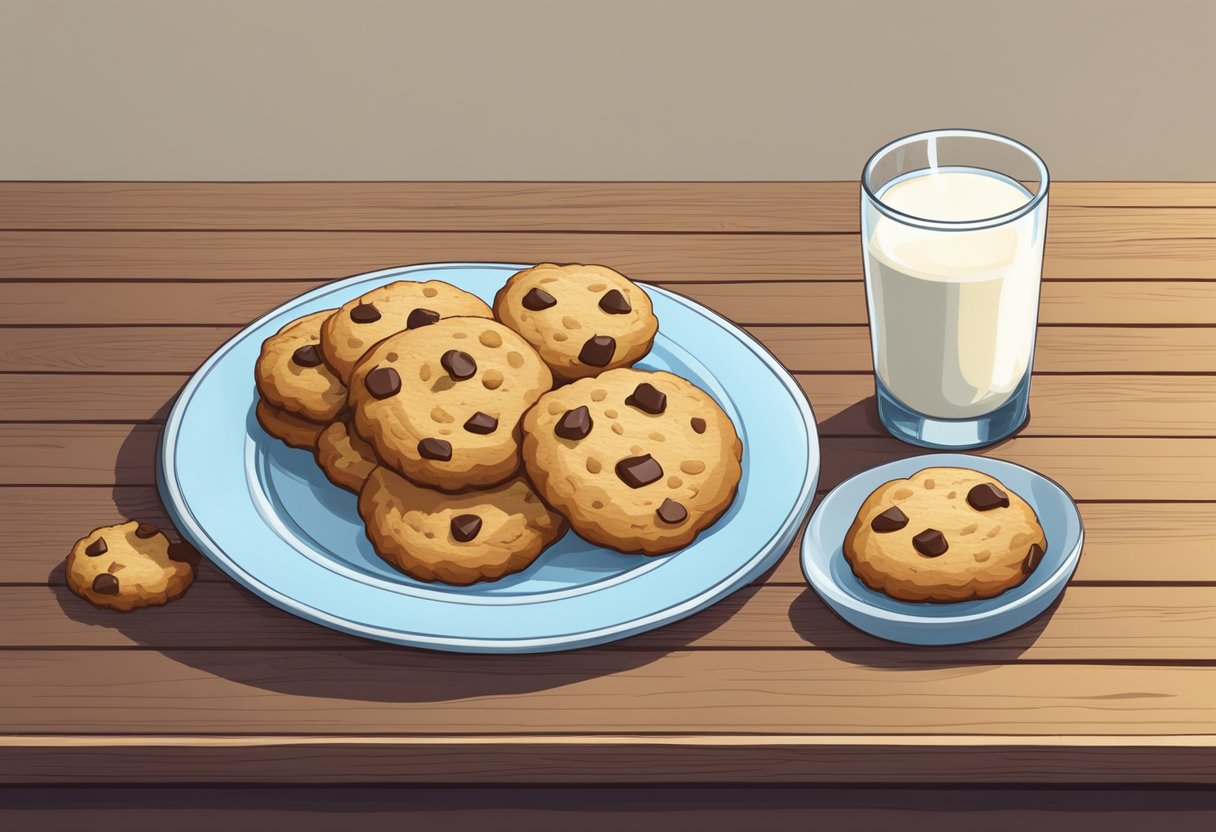 Um prato de biscoitos tradicionais sem lactose dispostos em uma mesa rústica de madeira, com um copo de leite alternativo ao lado.