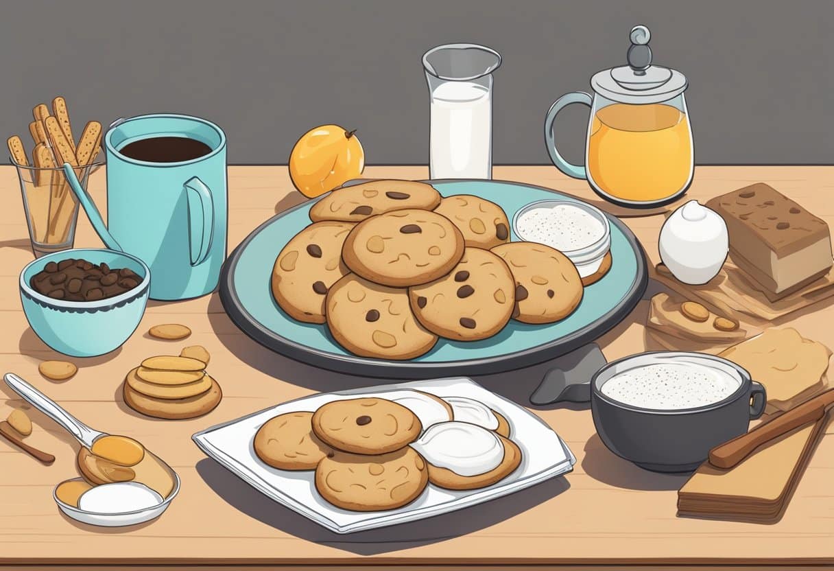 Uma bancada de cozinha com uma variedade de ingredientes e utensílios para biscoitos sem laticínios, cercada por livros de receitas e um prato de biscoitos recém-assados.