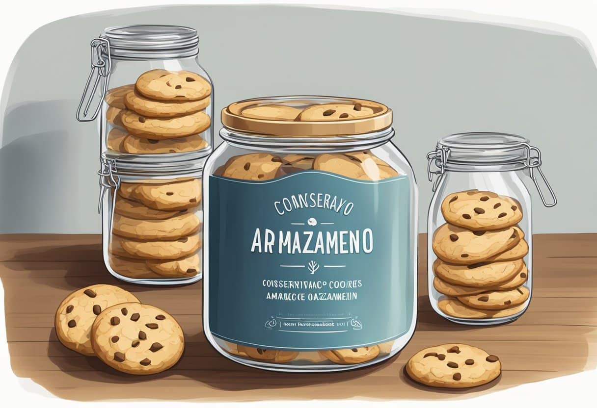 Um pote de biscoitos tradicionais sem lactose armazenado em uma despensa com um rótulo indicando "Conservação e Armazenamento".