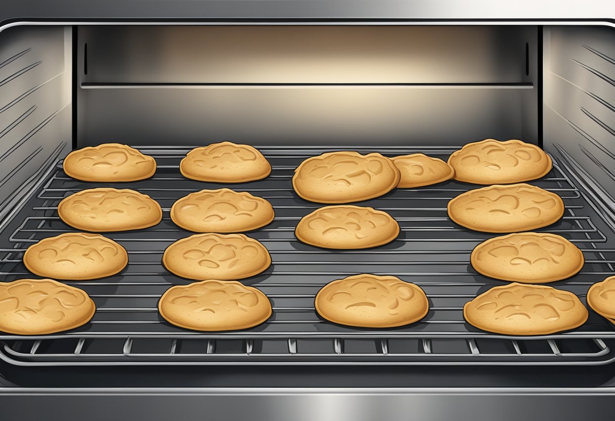 Um prato de biscoitos recém-assados sem lactose em uma mesa de madeira rústica, cercado por ingredientes espalhados como farinha e açúcar