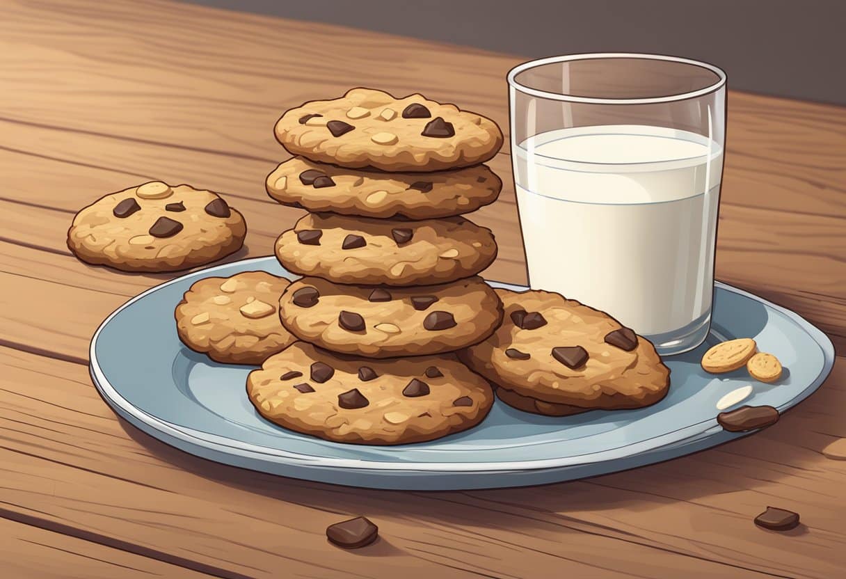 Um prato de biscoitos tradicionais sem lactose com um copo de leite alternativo em uma mesa de madeira, cercado por migalhas e alguns biscoitos espalhados.
