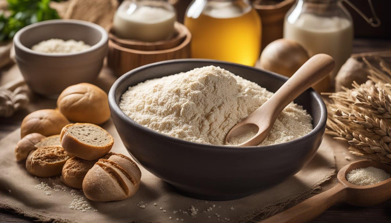 Uma cozinha rústica com vários ingredientes e ferramentas para fazer pão sem glúten e sem lactose, incluindo uma tigela de mistura, farinha, fermento e produtos lácteos alternativos.