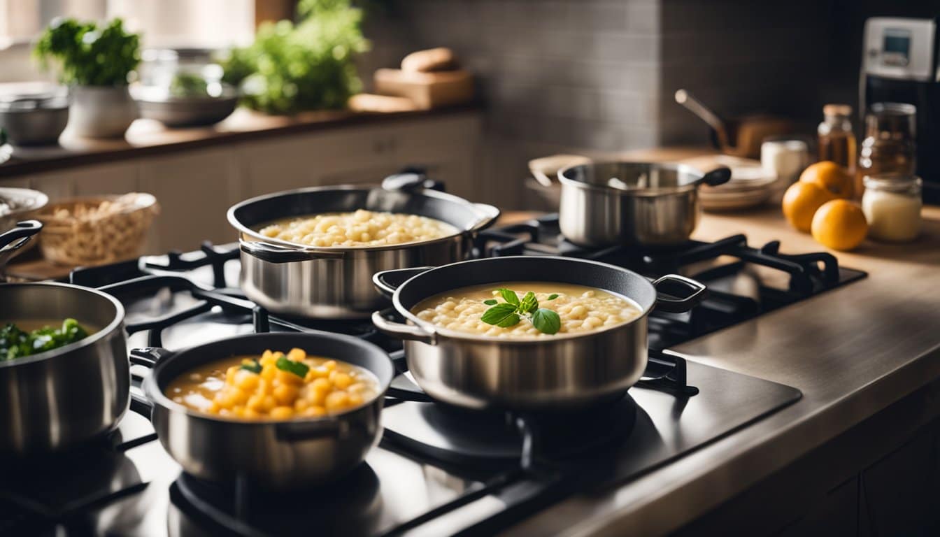 Uma cozinha aconchegante com panelas cozinhando no fogão, cheia de risotos coloridos e cremosos sem laticínios. Uma atmosfera quente e convidativa com ingredientes frescos na bancada.