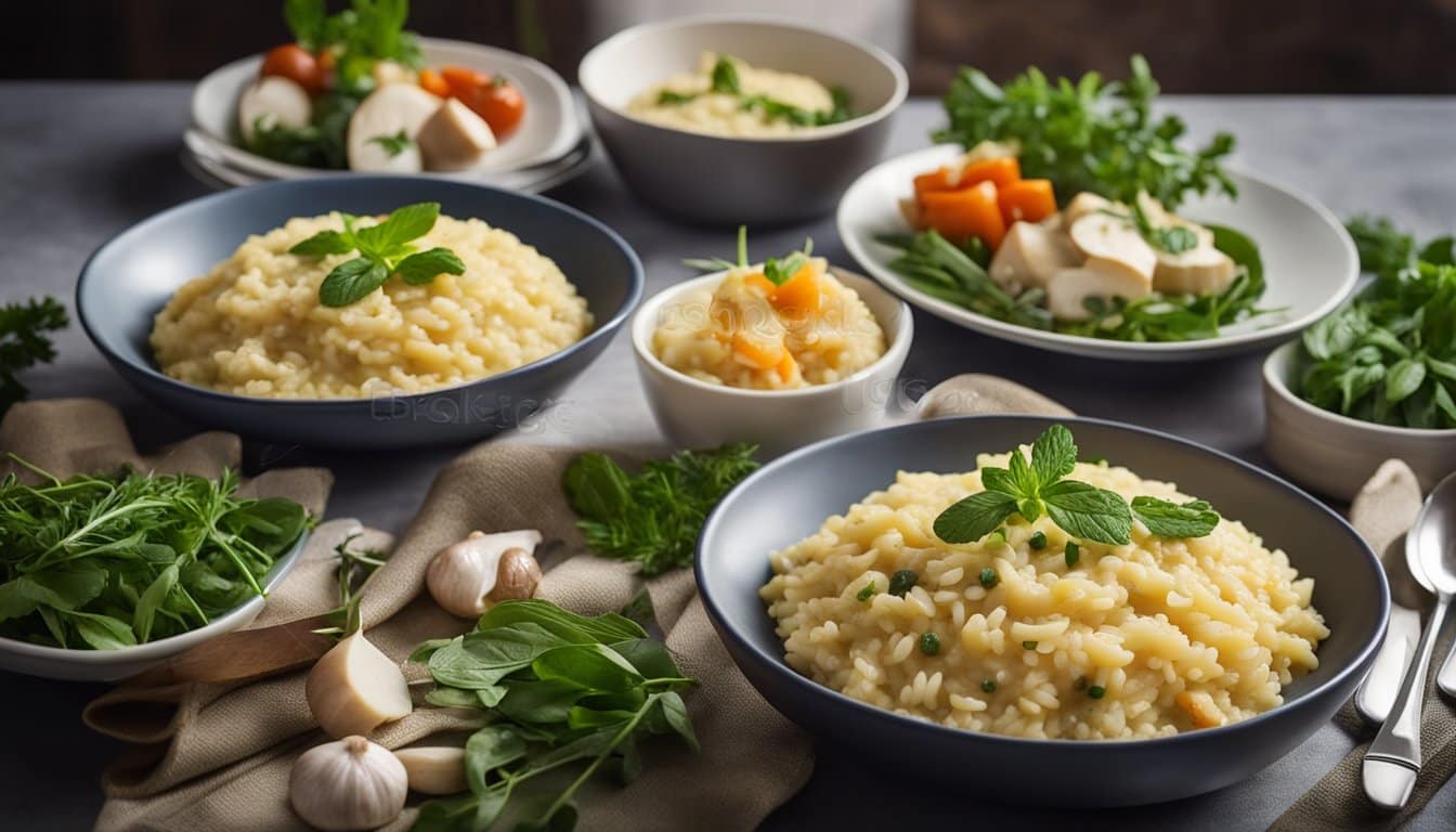 Uma mesa posta com uma variedade de pratos de risoto cremoso, todos sem laticínios e cheios de sabor. Ervas frescas e vegetais coloridos acrescentam apelo visual à cena.