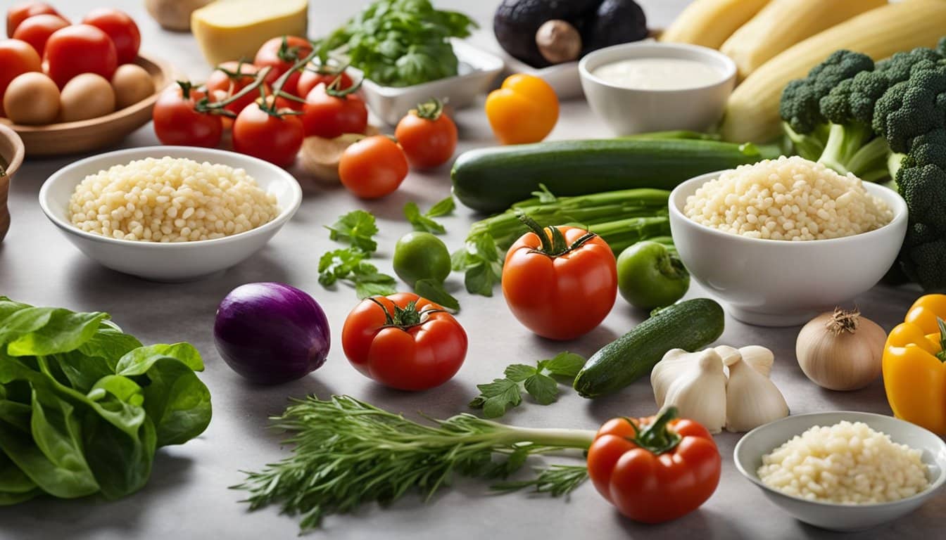 Uma variedade de vegetais frescos e coloridos e ingredientes não lácteos dispostos em uma bancada de cozinha para fazer receitas de risoto cremoso sem lactose.