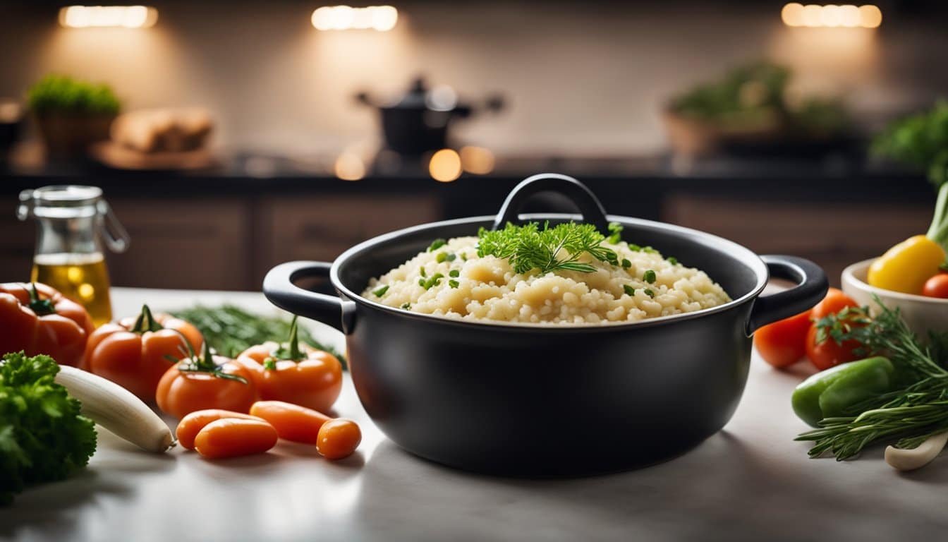 Uma cozinha aconchegante com uma panela fumegante de risoto sem laticínios cozinhando no fogão, cercada por vegetais frescos e ervas na bancada.