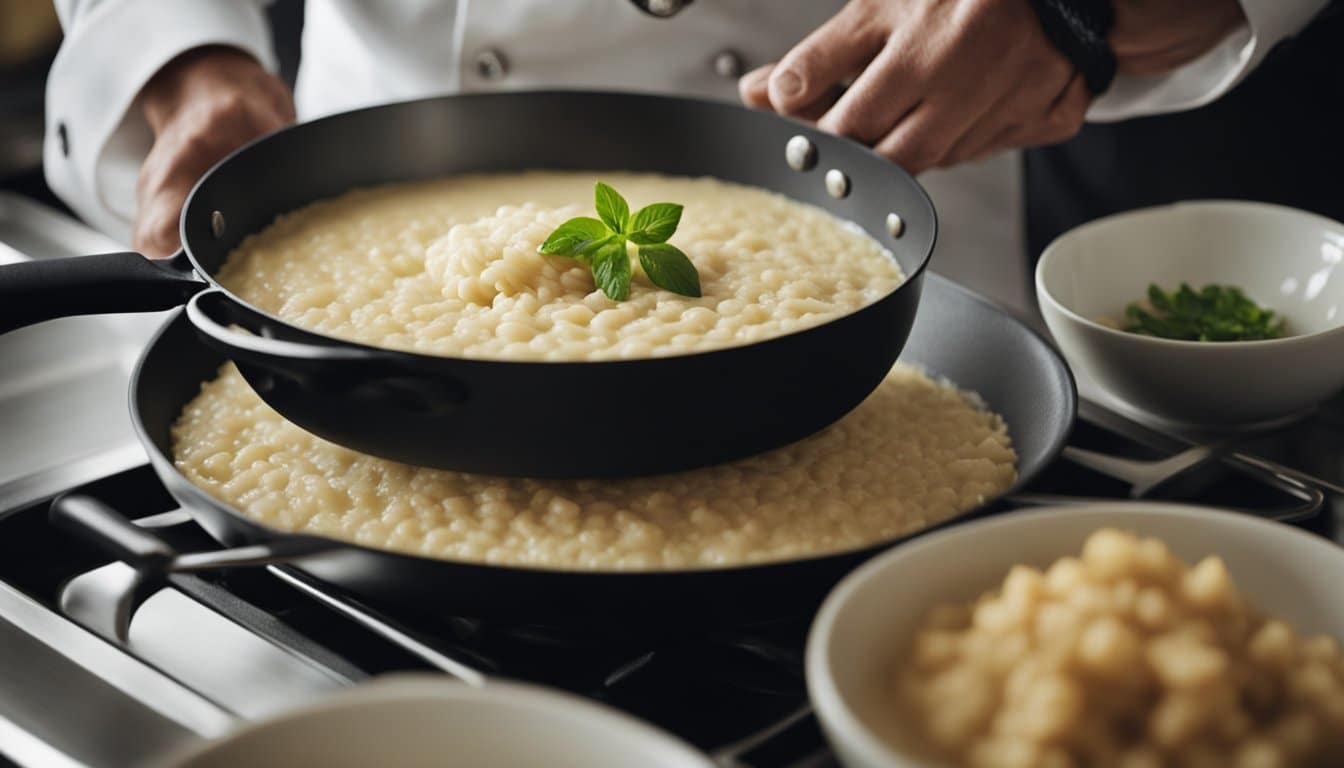 Um chef mexendo um risoto cremoso em uma panela antiaderente, adicionando ingredientes sem laticínios como caldo de legumes e creme de caju. O vapor sobe enquanto o risoto cozinha até a perfeição.