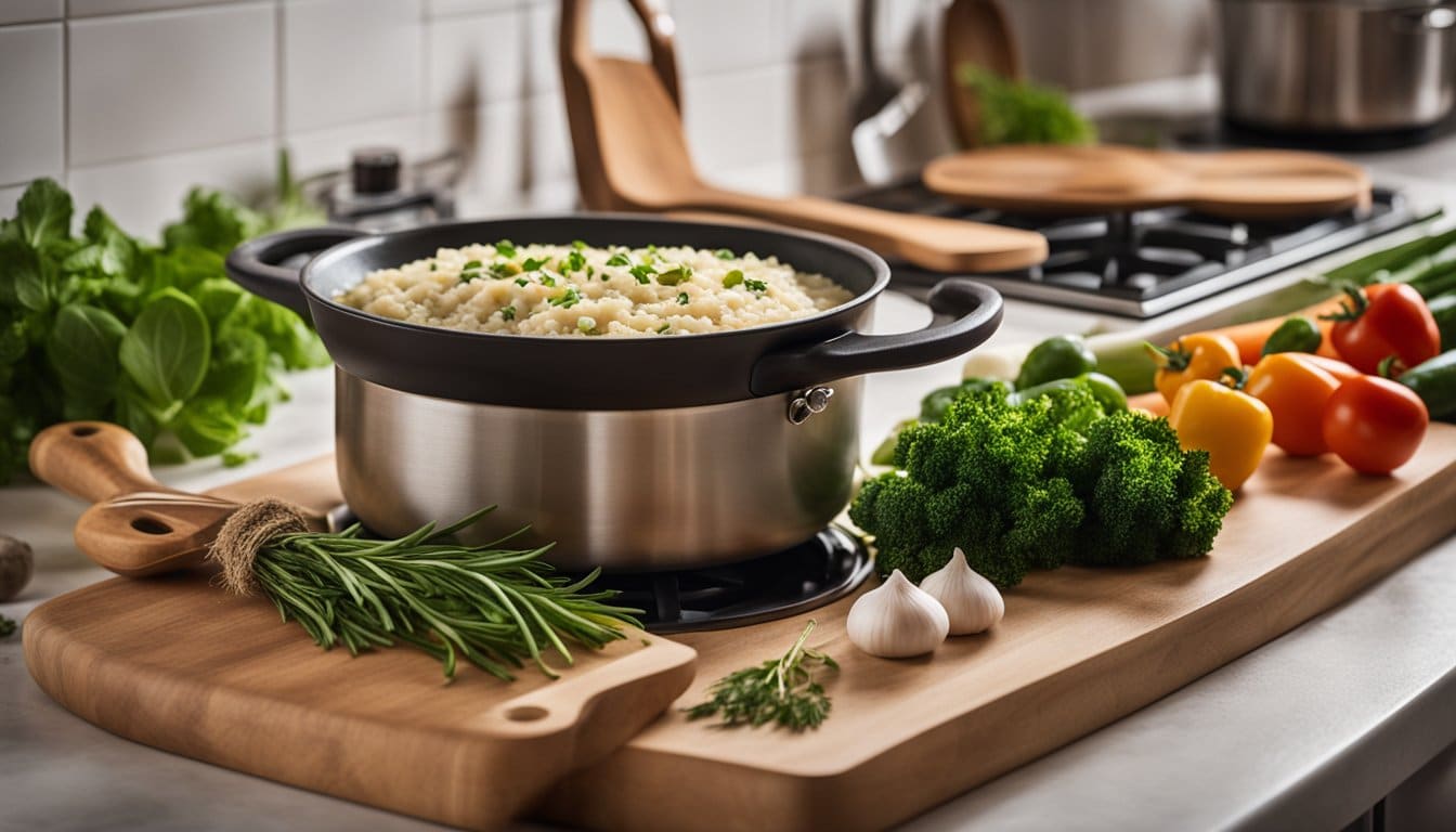 Uma cozinha aconchegante com uma panela borbulhando no fogão, cheia de ingredientes sem laticínios para uma receita cremosa de risoto. Uma colher de pau repousa na bancada ao lado de ervas frescas e vegetais.