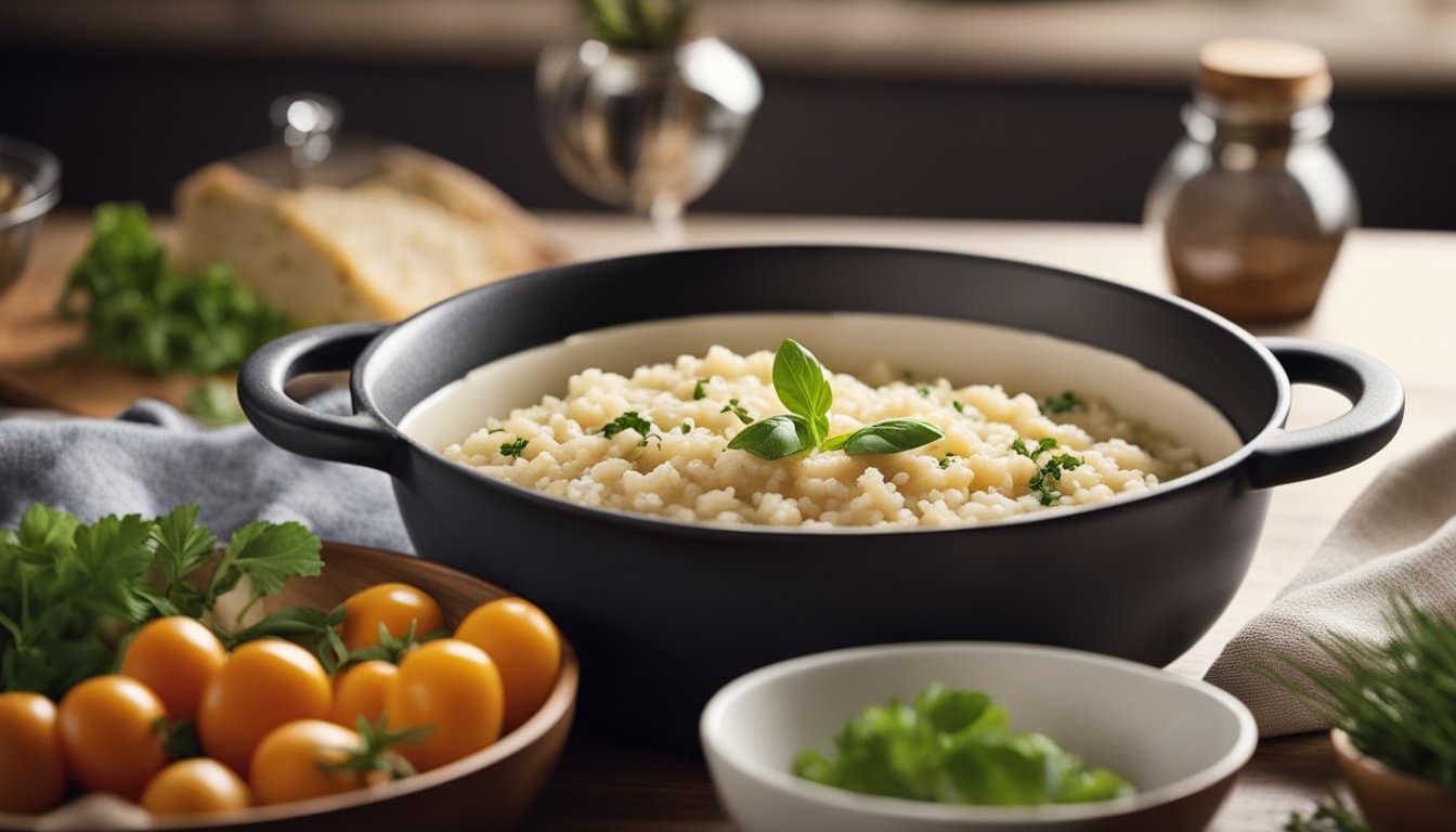 Uma cozinha aconchegante com uma panela fumegante de risoto sem lactose, cercada por ingredientes frescos e um livro de receitas aberto na seção "Perguntas Frequentes sobre Receitas de Risotos Cremosos Sem Lactose".