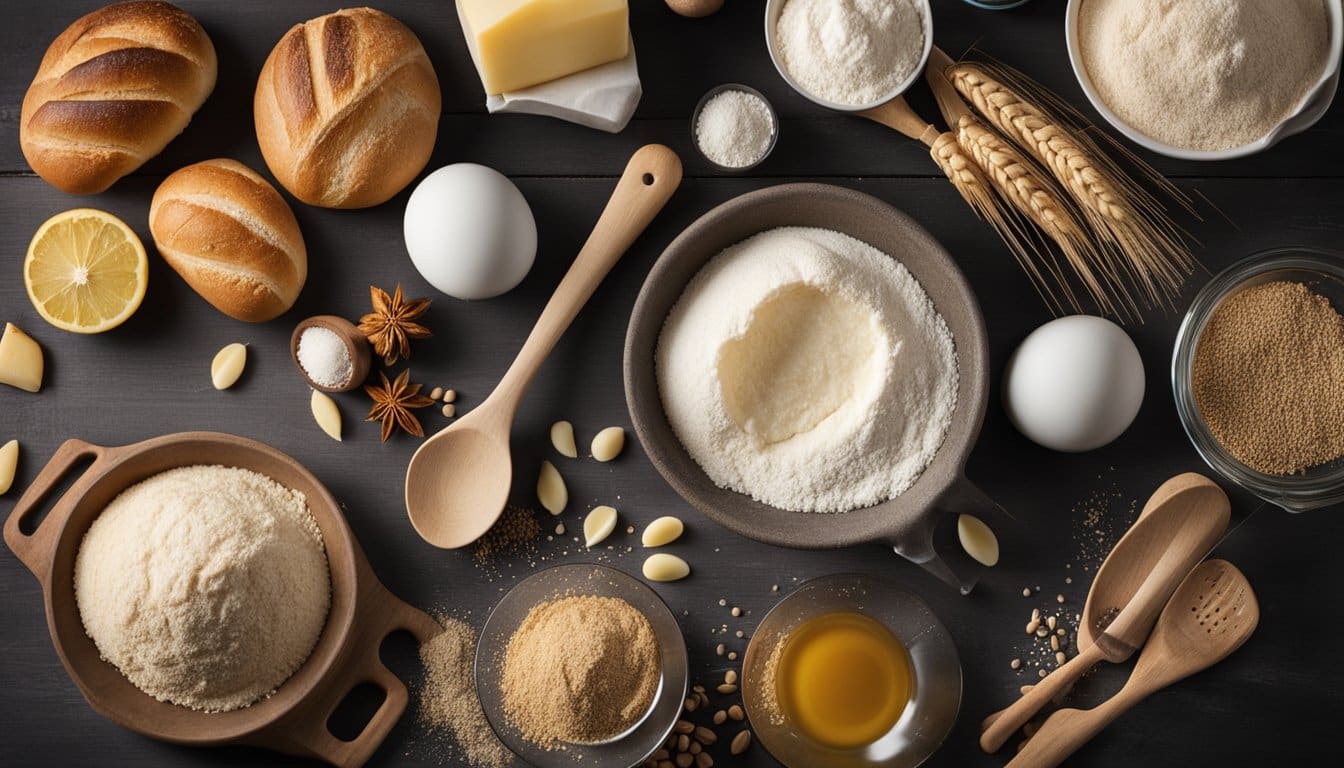 Uma bancada de cozinha com vários ingredientes e utensílios para fazer massa de pão sem glúten e sem lactose.