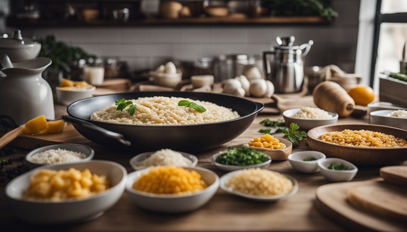 Uma cozinha aconchegante com vários ingredientes e utensílios sem laticínios dispostos para fazer risoto cremoso.