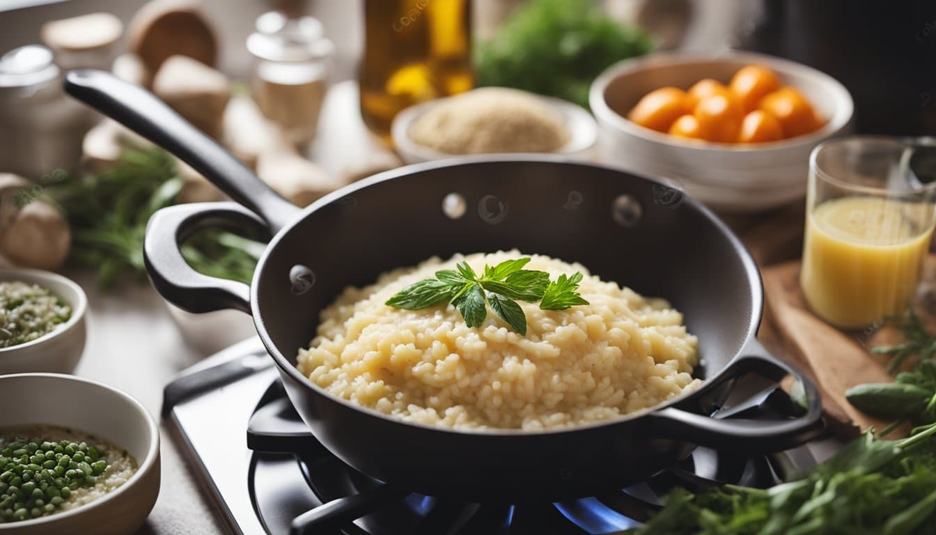 Uma cozinha aconchegante com vários ingredientes e utensílios de cozinha dispostos sobre o balcão, enquanto uma panela de risoto cremoso cozinha no fogão.