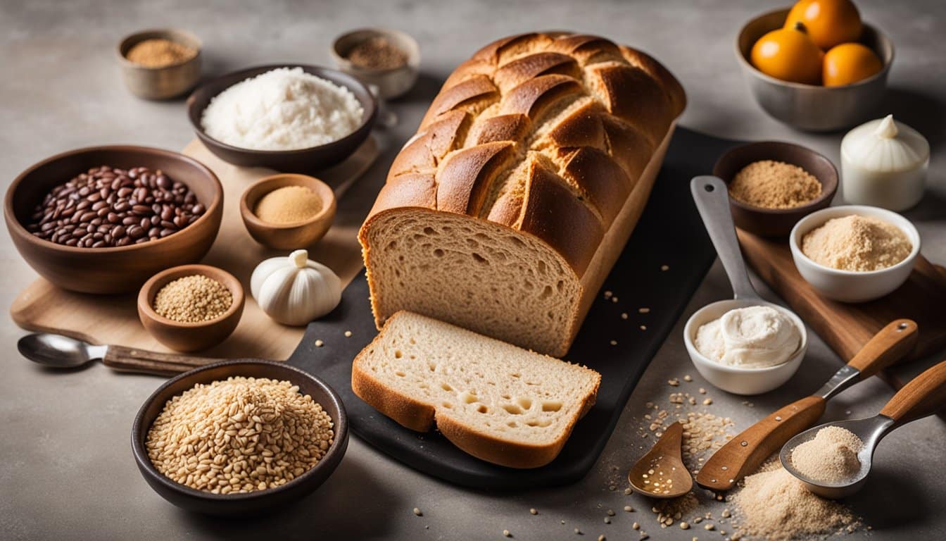 Um pão sem glúten e sem laticínios cercado por vários ingredientes e utensílios de cozinha em uma bancada limpa e minimalista.