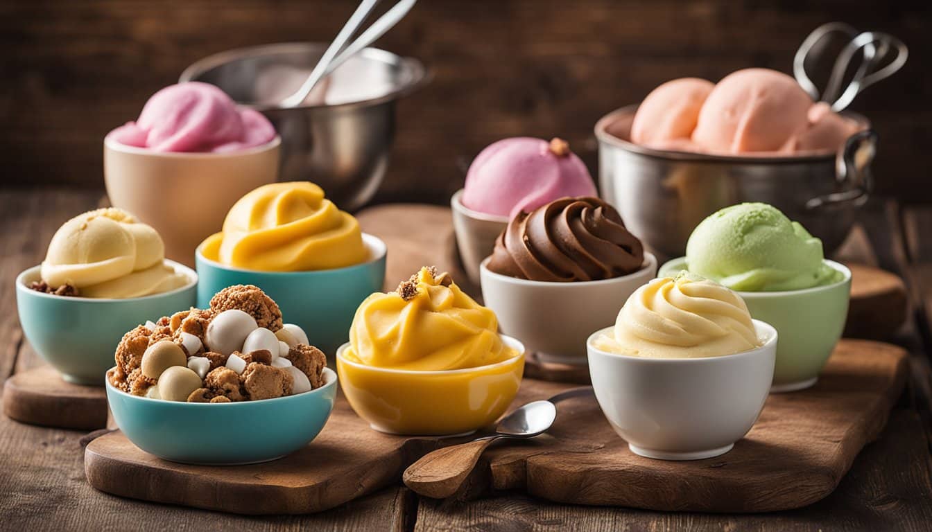 Uma variedade colorida de sobremesas congeladas sem laticínios, incluindo sorvetes e mousses, dispostas em uma mesa rústica de madeira com utensílios de servir decorativos.