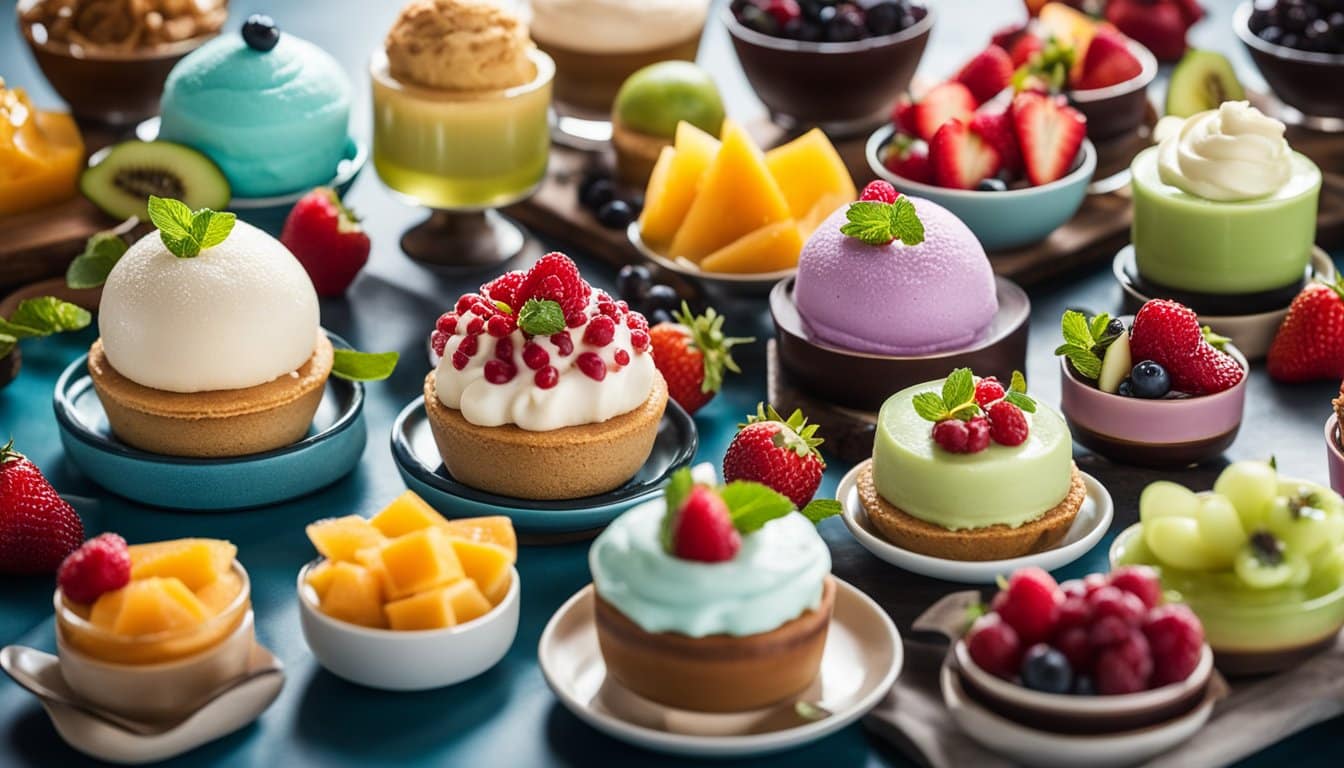 Uma variedade colorida de sobremesas sem laticínios, incluindo bolas de sorvete, mousse cremosa e outras guloseimas congeladas, exibidas em uma mesa com coberturas decorativas e frutas frescas.