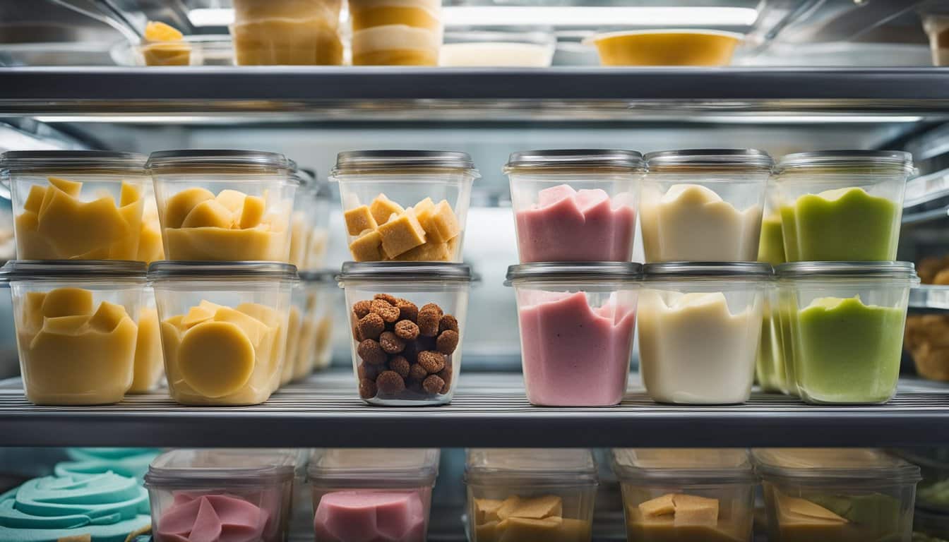 Uma variedade de sobremesas congeladas sem laticínios armazenadas em um freezer, incluindo sorbets, mousse e outras opções sem lactose.