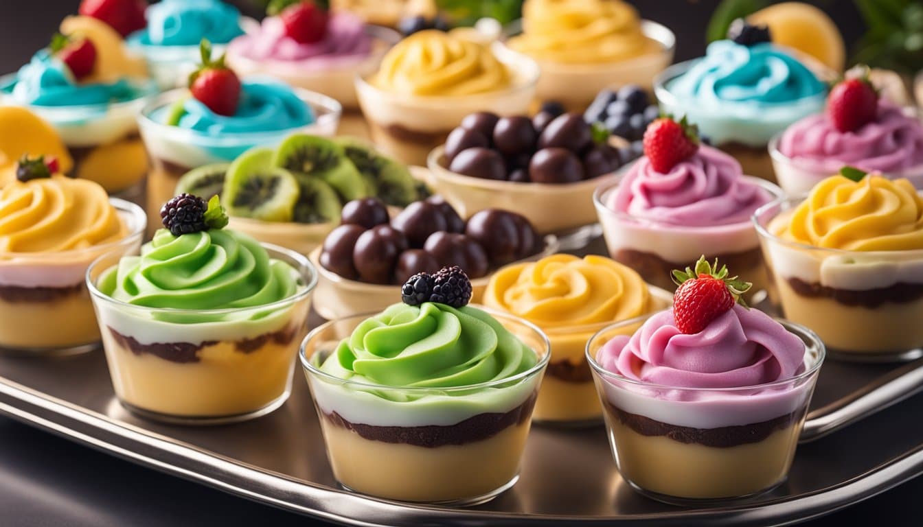 Uma exibição colorida de sobremesas congeladas e mousses sem lactose, dispostas em uma mesa decorativa com apresentação elegante.