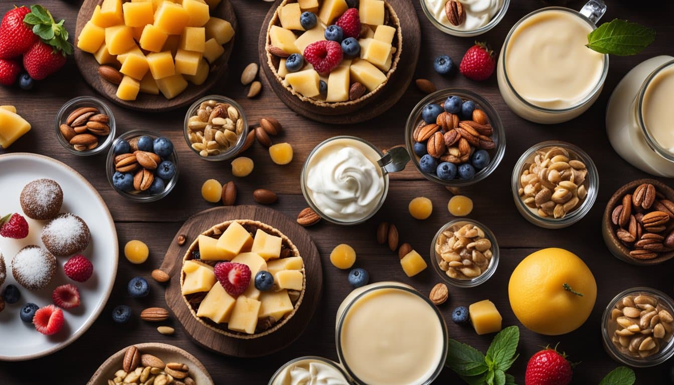 Uma variedade de sobremesas congeladas sem lactose dispostas em uma mesa de madeira rústica, com frutas frescas e nozes espalhadas ao redor.