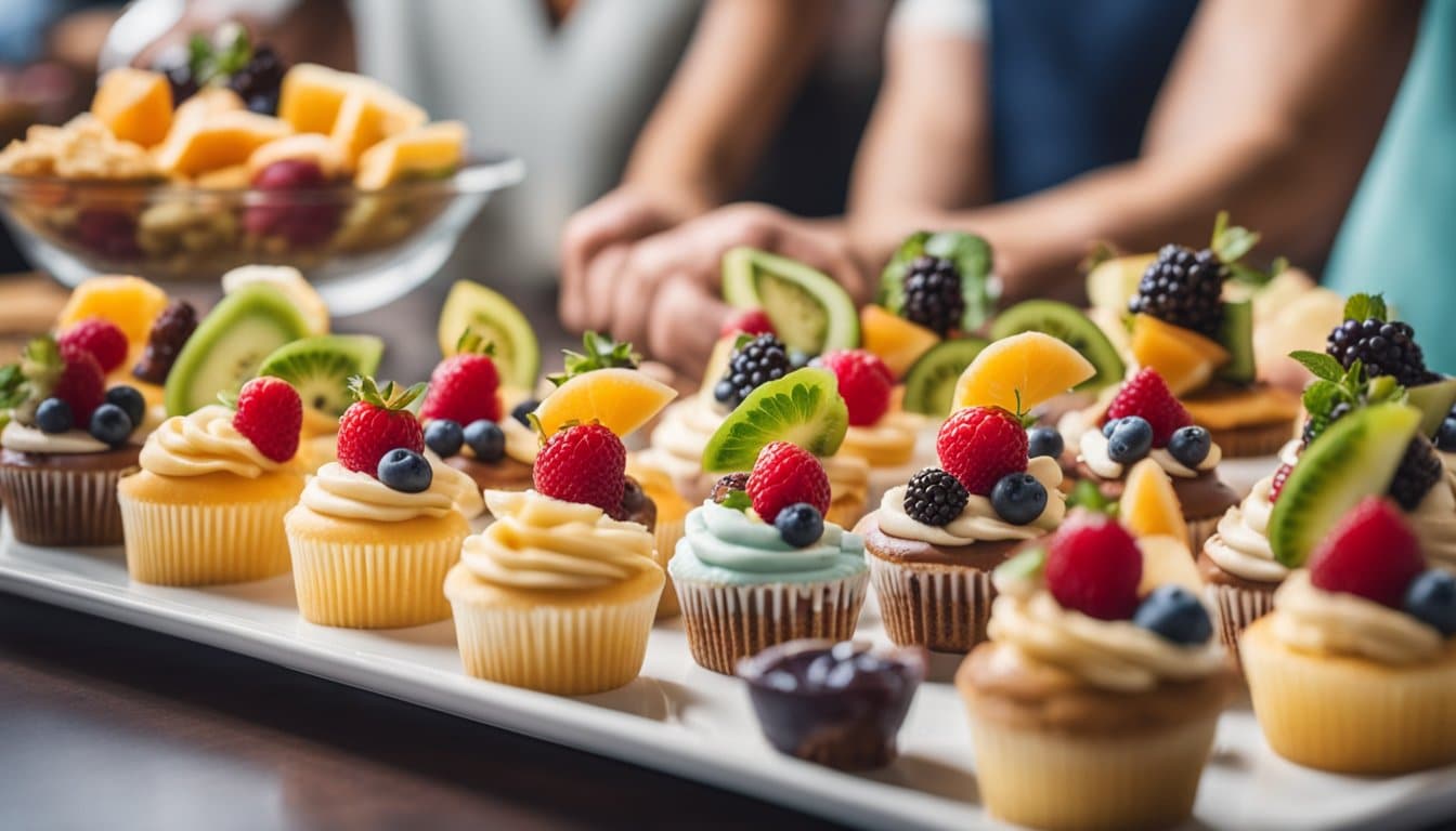 Uma variedade de sobremesas congeladas sem laticínios exibidas em uma mesa com coberturas e frutas coloridas, cercadas por clientes felizes desfrutando das guloseimas.