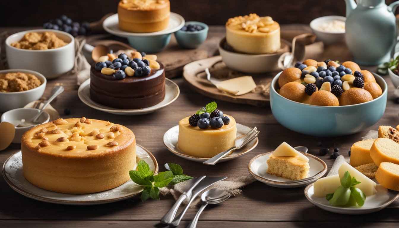 Uma mesa posta com cinco tipos diferentes de bolos sem lactose, cercada por ingredientes frescos e utensílios de cozinha