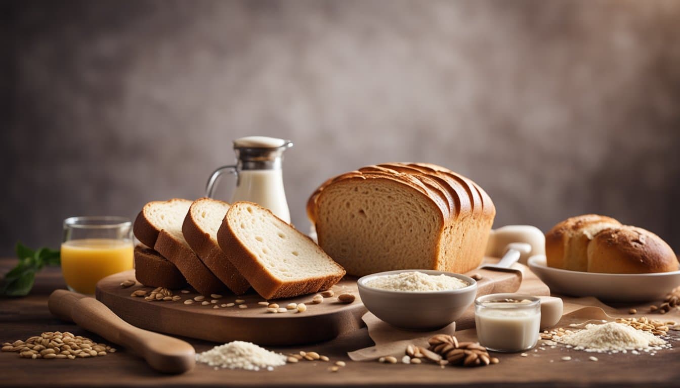 Uma mesa posta com pão sem glúten e sem lactose recém-assado, cercada por ingredientes como farinha, sementes e leite vegetal.