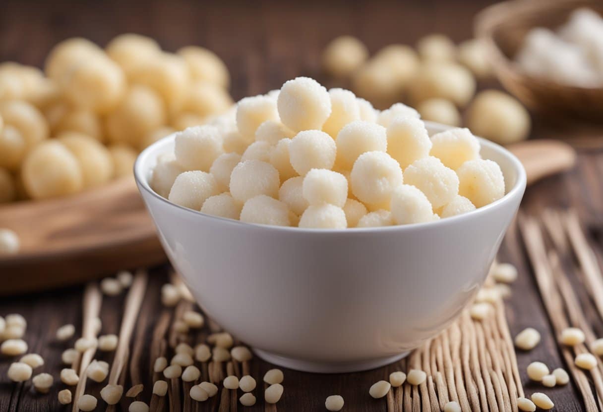 Uma tigela de tapioca recheada sem lactose em uma mesa de madeira