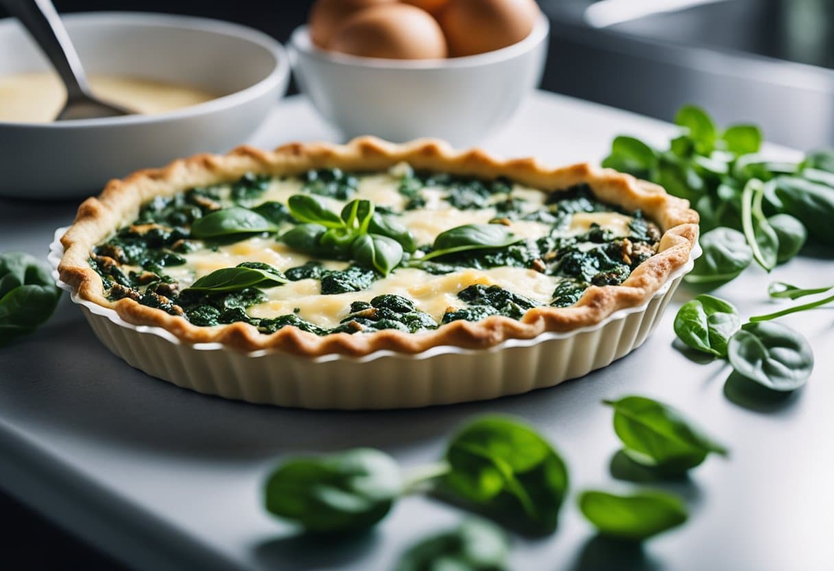 Uma quiche de espinafre sendo preparada com ingredientes sem laticínios em uma cozinha moderna e iluminada.