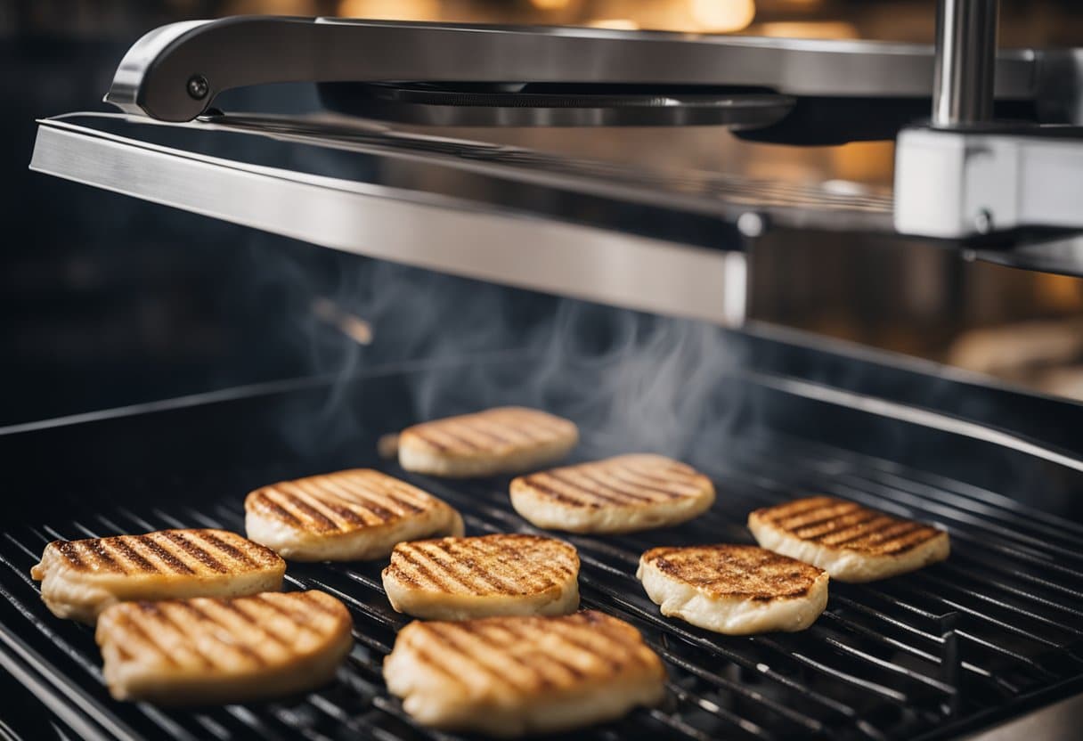 Um panini recheado com ingredientes sem lactose sendo grelhado em uma prensa quente