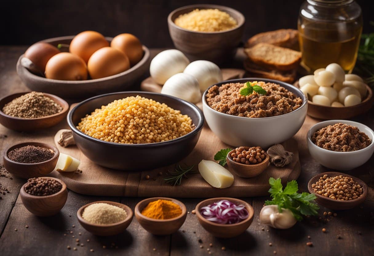 Uma mesa com esfirras recém-assadas sem lactose, cercadas por ingredientes como carne moída, cebolas e especiarias.