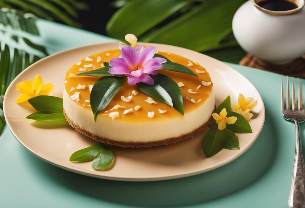 Um pudim de coco em um prato decorativo, rodeado por folhas e flores tropicais