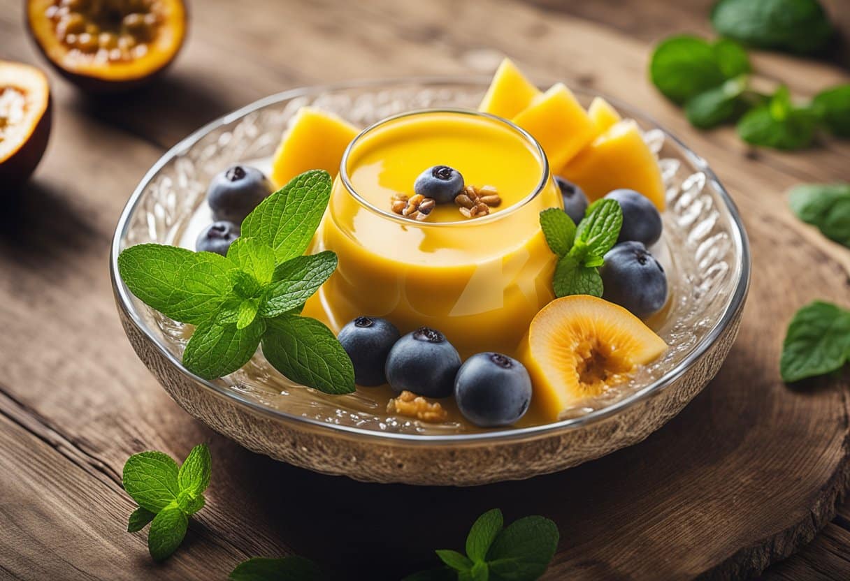 Uma tigela de vidro cheia de mousse de maracujá sem laticínios, coberta com frutas frescas e folhas de hortelã, repousando sobre uma mesa de madeira