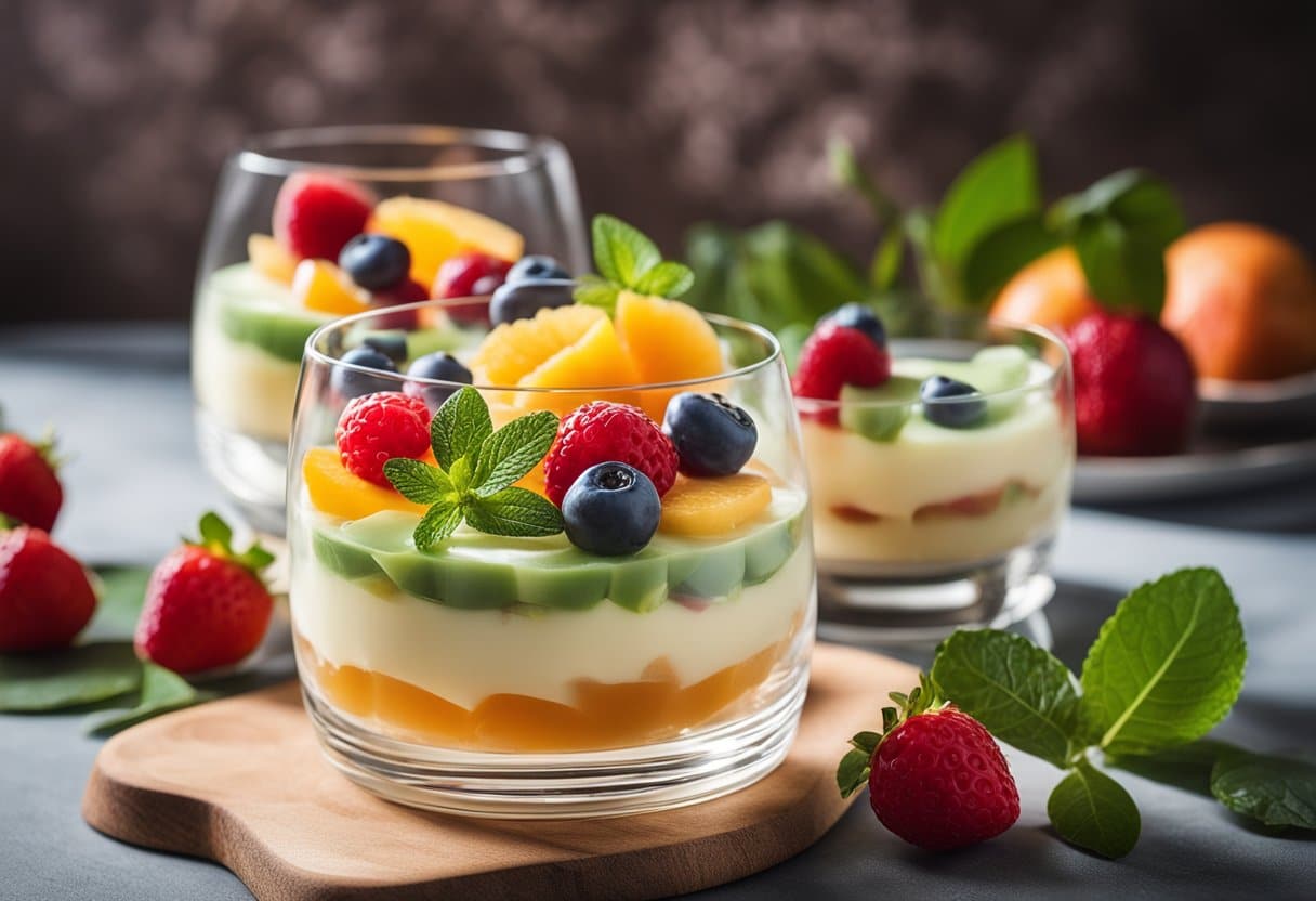 Uma sobremesa de gelatina cremosa e sem lactose em um prato de vidro transparente, rodeada por frutas frescas e uma guarnição decorativa