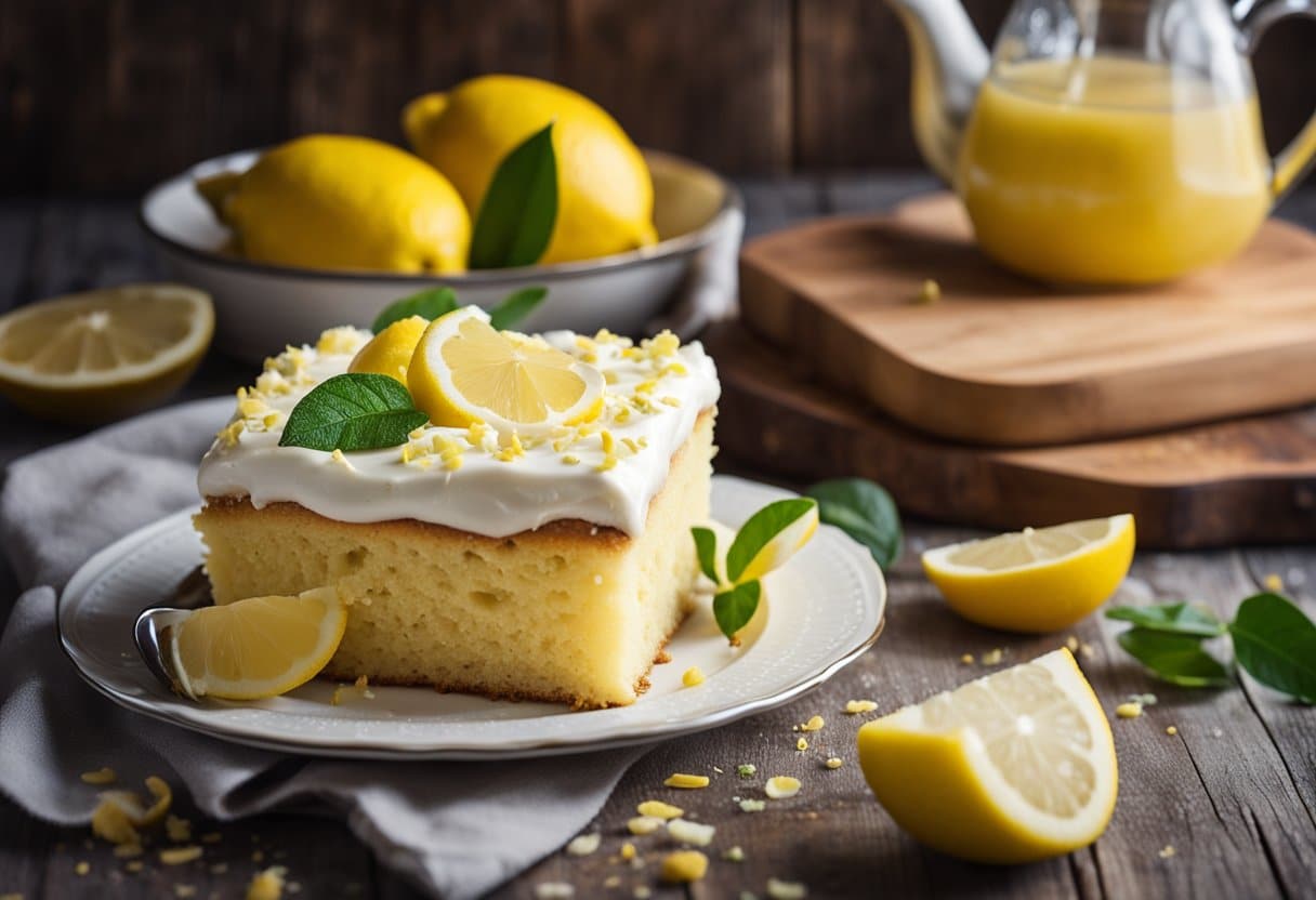 Um bolo de limão com cobertura sem laticínios em uma mesa rústica de madeira, com limões frescos espalhados ao redor
