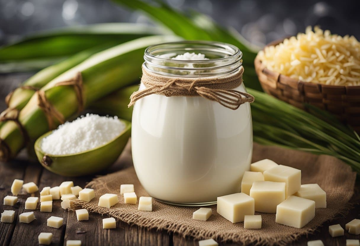 Um pote de doce de leite sem lactose cercado por leite fresco e cana-de-açúcar