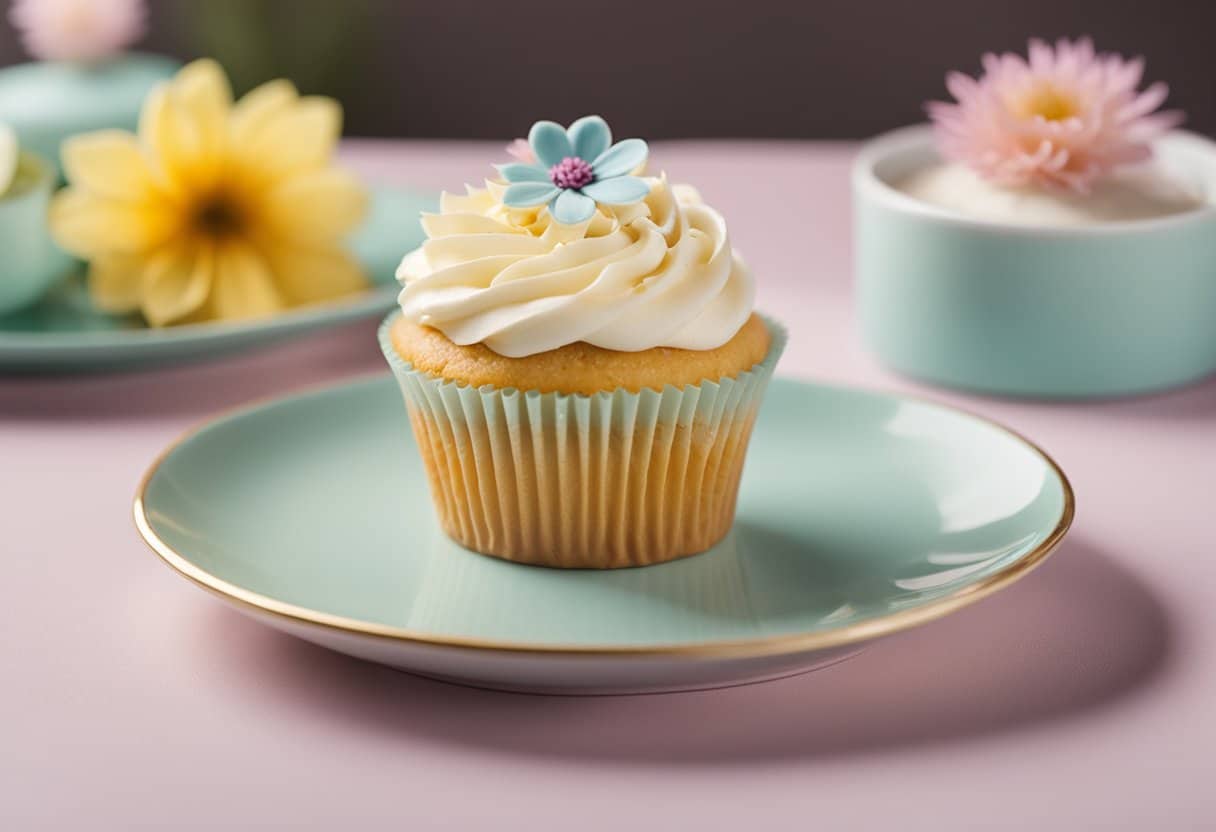 Um cupcake de baunilha sem lactose em um prato de cor pastel com uma flor decorativa ao lado.