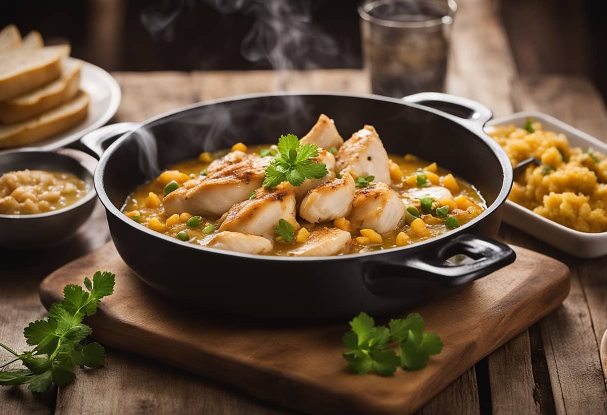 Um prato fumegante de escondidinho de frango sendo servido em uma mesa rústica de madeira