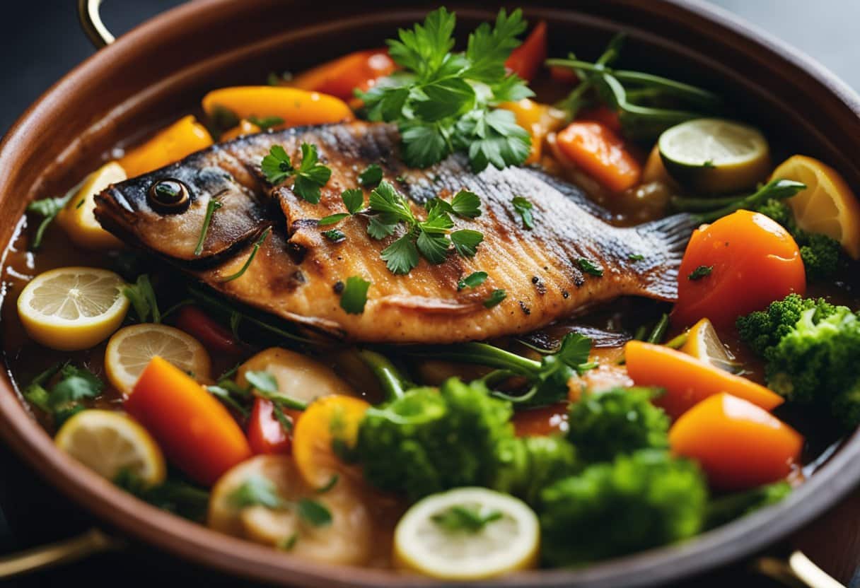 Um ensopado de peixe colorido cozinhando em uma panela de barro sobre um fogo crepitante, cercado por vegetais vibrantes e ervas aromáticas.