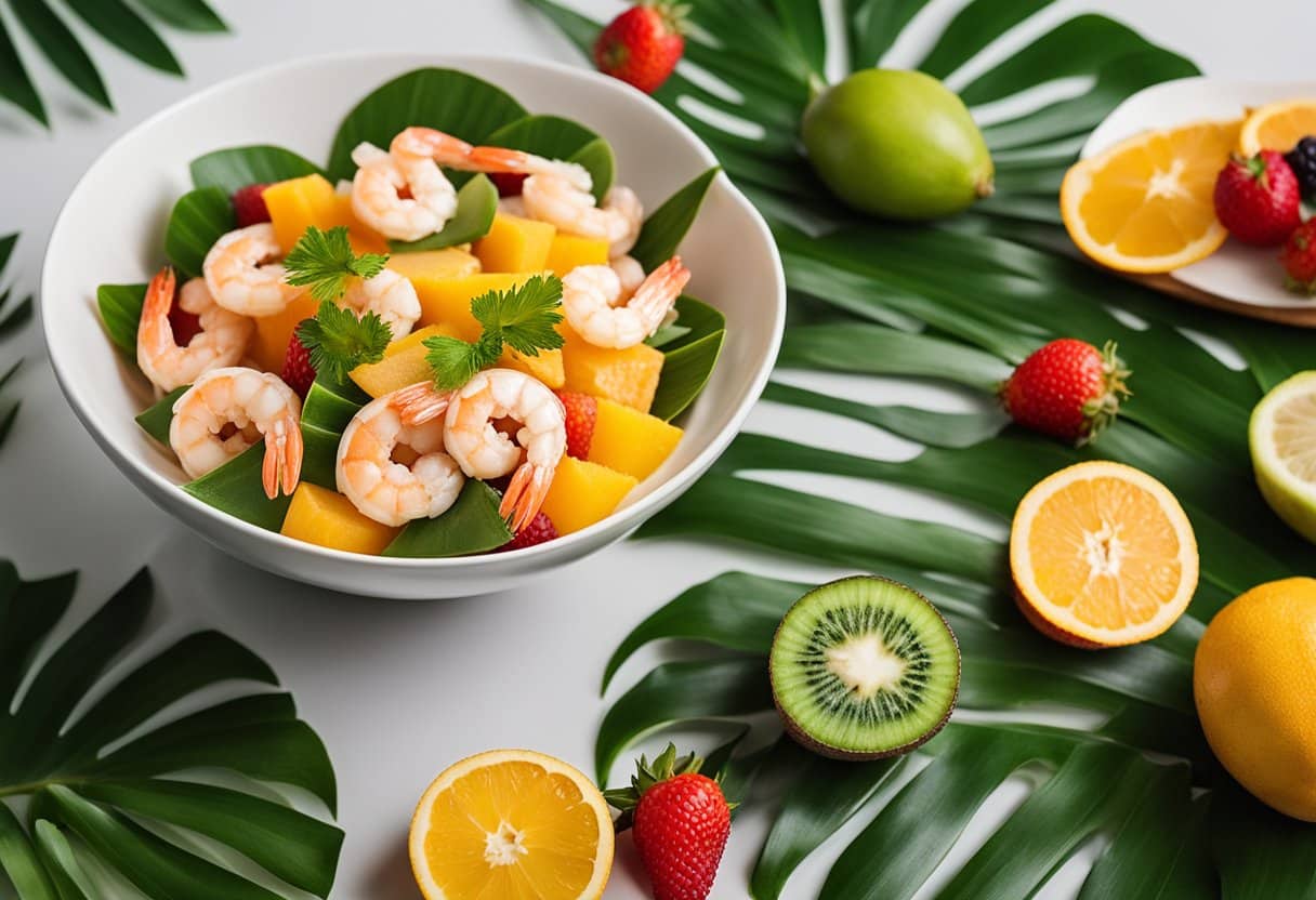 Uma tigela de bobó de camarão sem laticínios cercada por frutas tropicais coloridas e folhas de palmeira