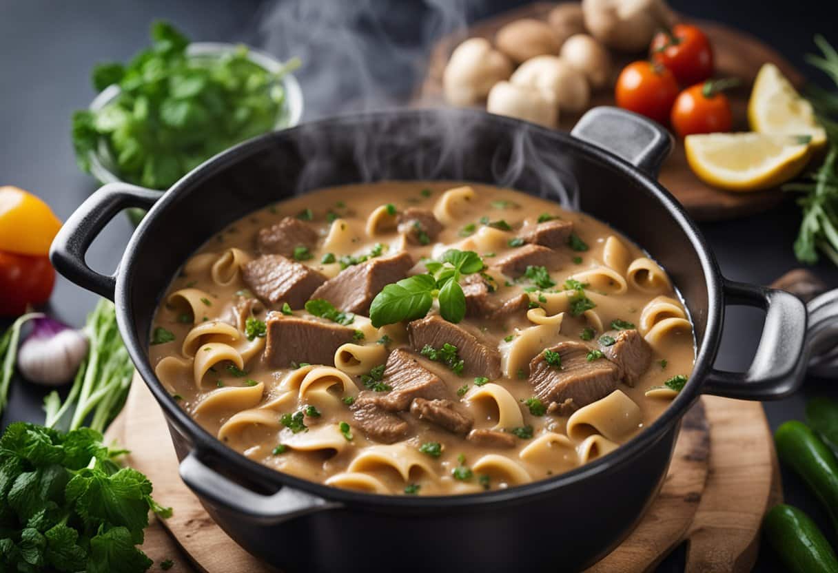 Uma panela fumegante de stroganoff de carne sem laticínios cozinha em um fogão, cercada por ervas frescas e vegetais coloridos.