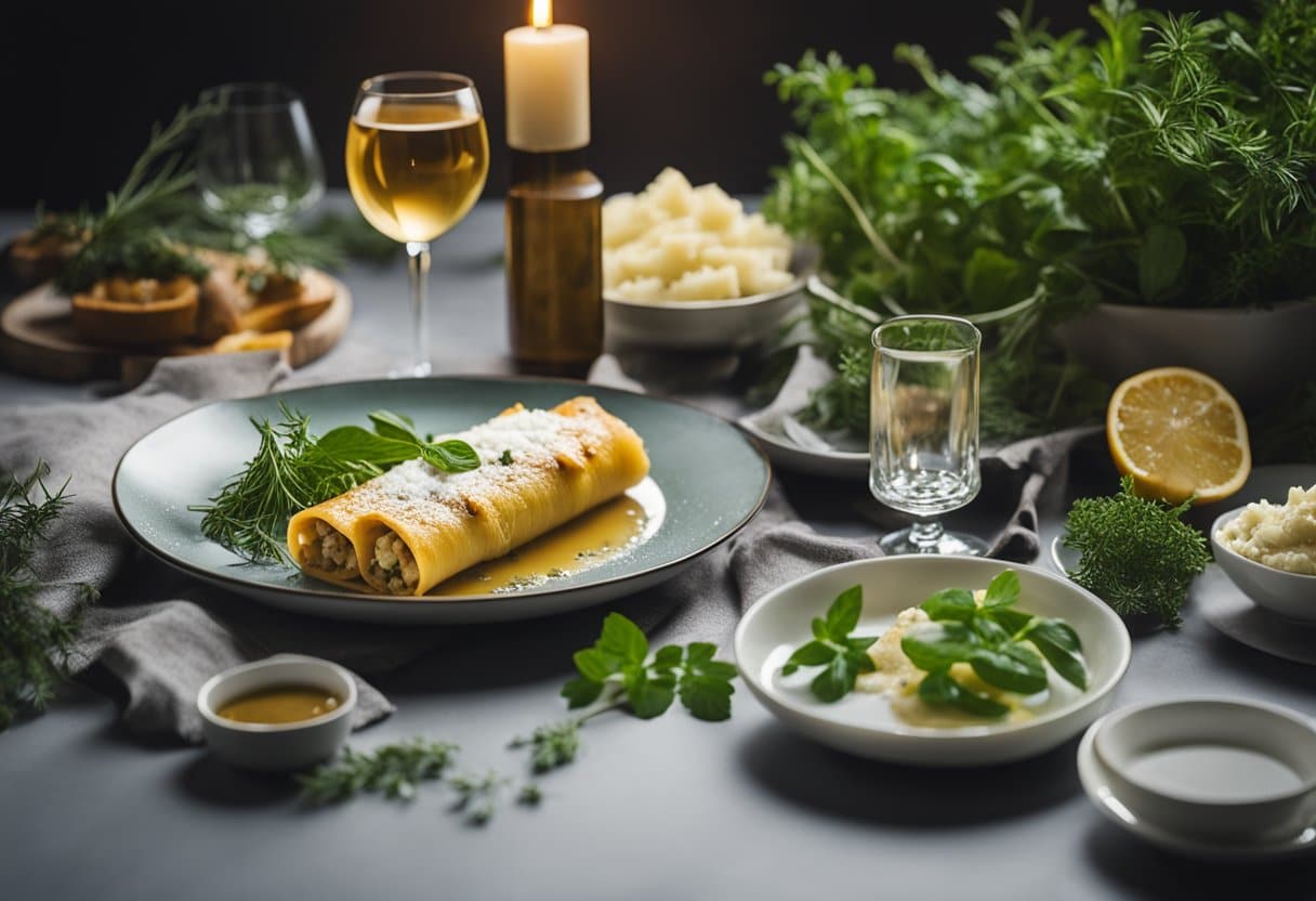 Uma mesa posta com um prato de caneloni de ricota sem lactose, rodeado por ervas frescas e um copo de vinho